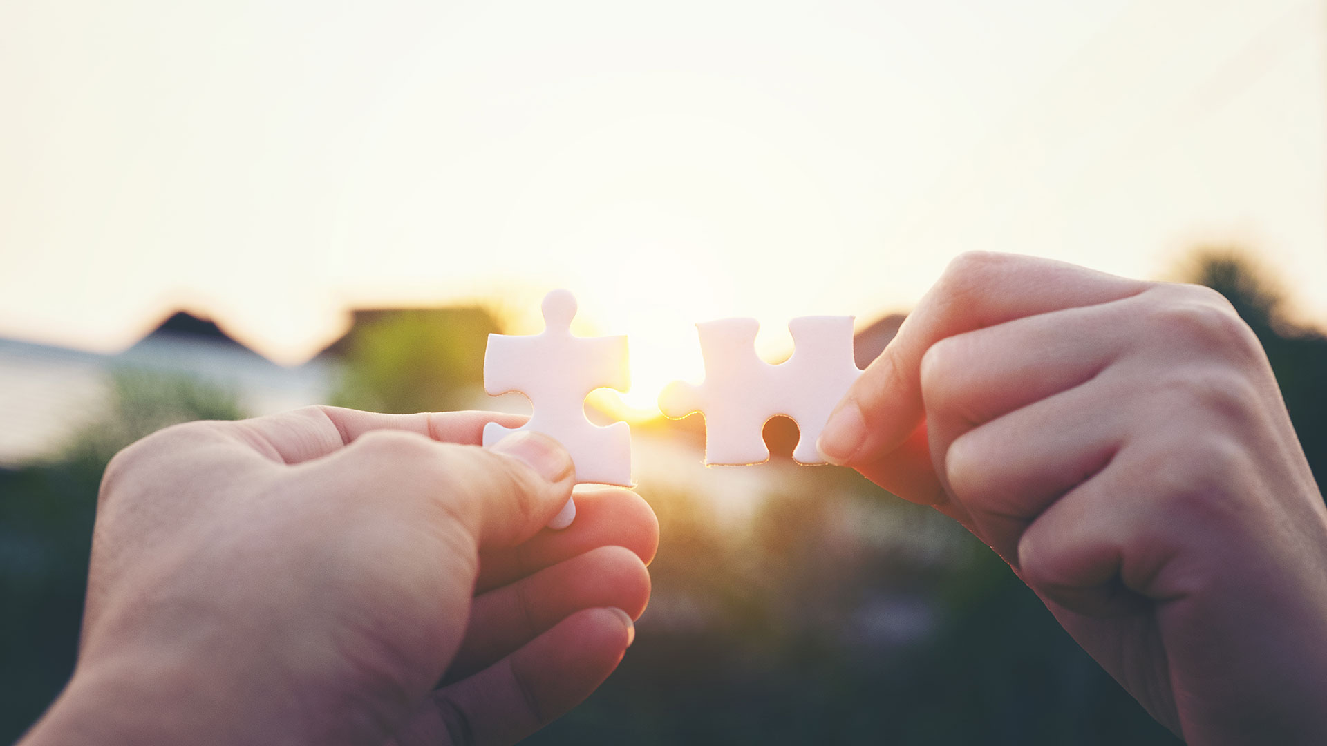 Kädet pitävät kahta palapelin palaa, taustalla erottuu aurinkoinen maisema.