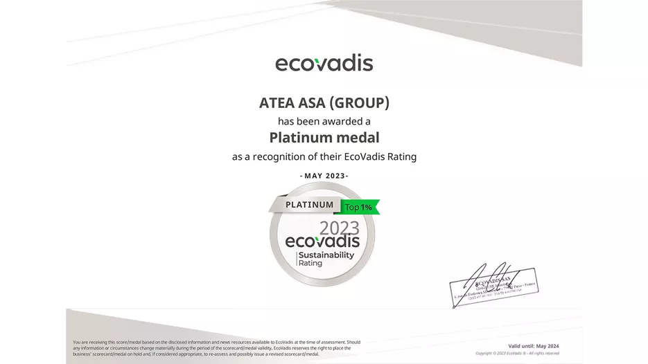 Atea ASA has been awarded a platinum medal as a recognition of their Ecovadis Rating. May 2023.