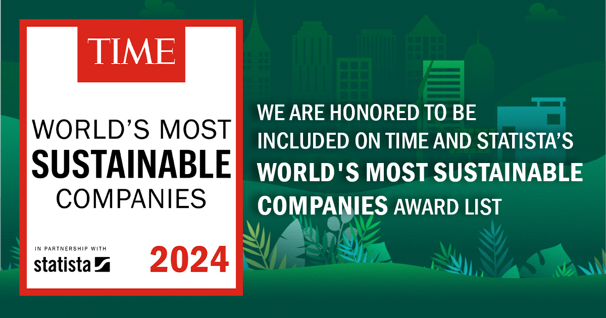 TIME Maailman vastuullisimpia yrityksiä 2024 -nimitys englanninkielisellä tekstillä.
